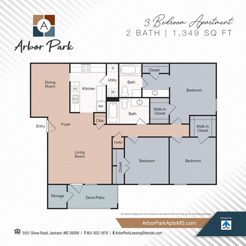 3 bed 2 bath floor plan at Arbor Park Apartments, Jackson, MS, 39209